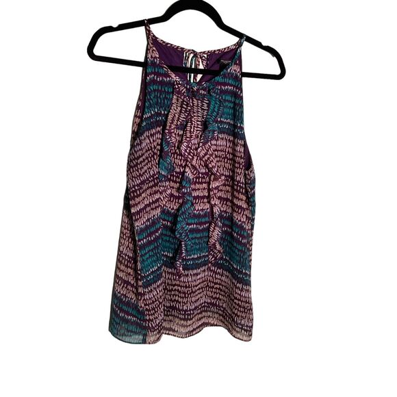 ANN TAYLOR FACTORY Size 10 Purple Teal Sleeveless Lined Blouse Keyhole Ruffle - Picture 1 of 6